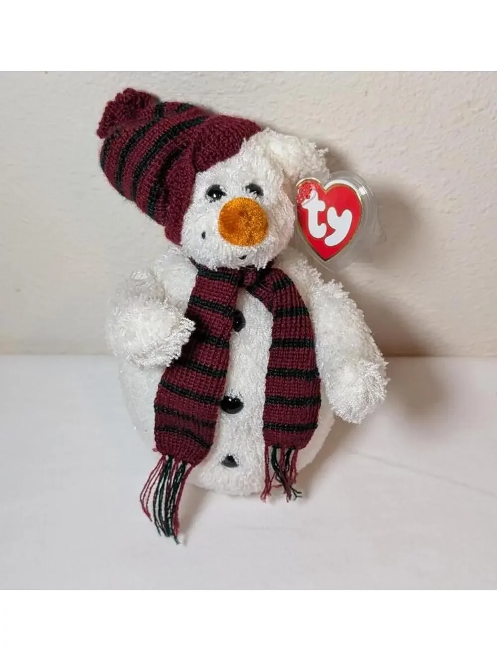 Ty Beanie Baby Snowman Plush Toy with Red and Black Striped Hat and Scarf